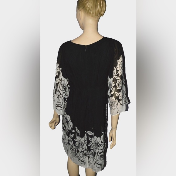 DONNA MORGAN SZ 8 M MEDIUM 100% SILK BLACK WHITE FLORAL HIGH WAIST DRESS - Picture 2 of 10